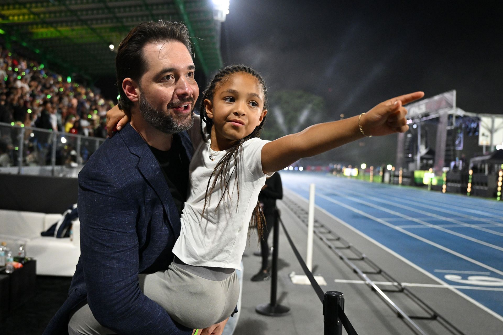 Serena Williams' husband Alexis Ohanian with daughter Olympia at Athlos NYC - Source: Getty